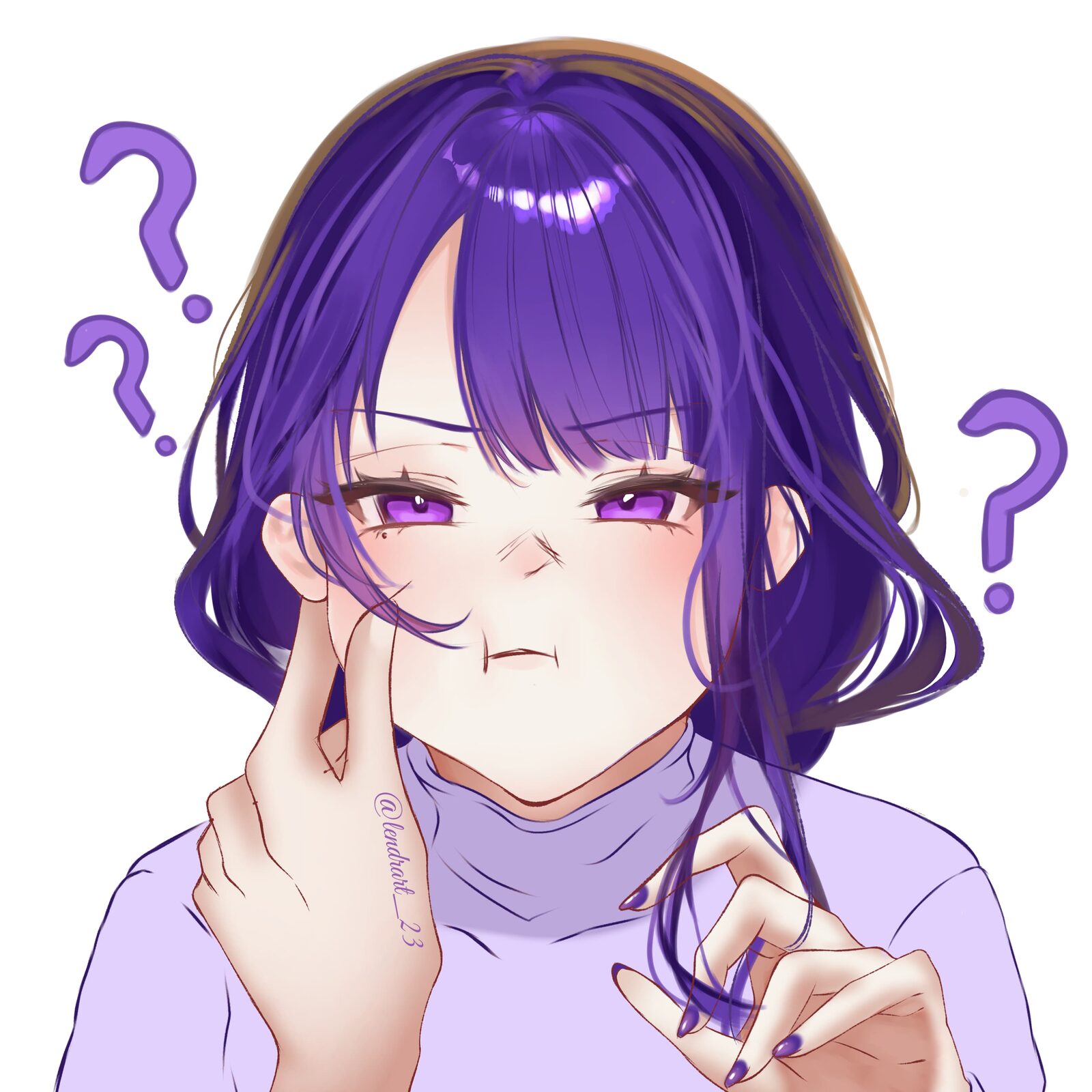 Digital illustration of a girl with purple hair looking puzzled, surrounded by question marks
