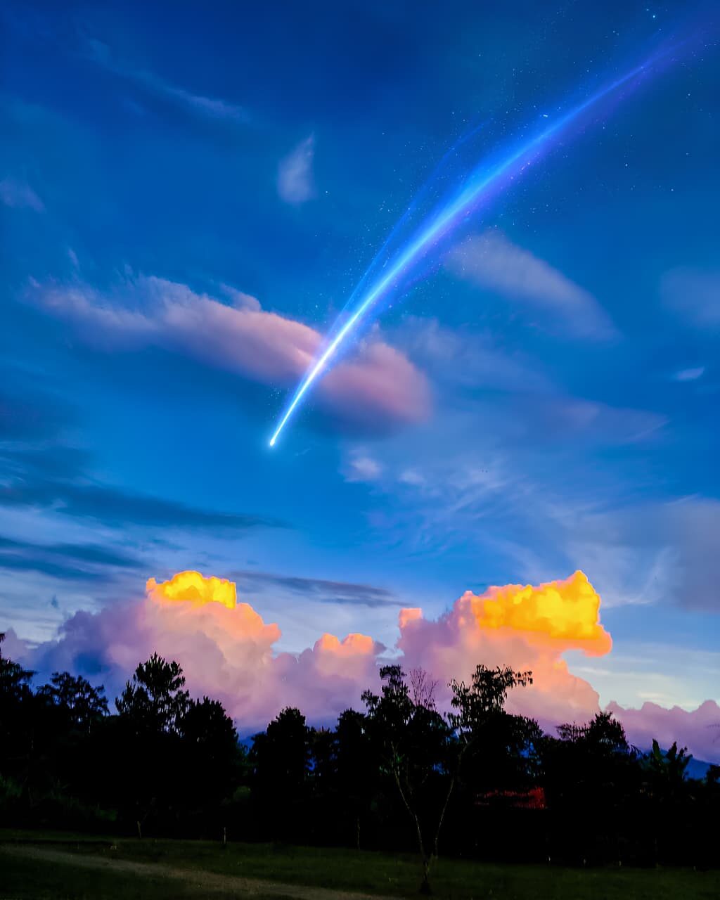 Photograph of a bright streak of light crossing a twilight sky above glowing clouds