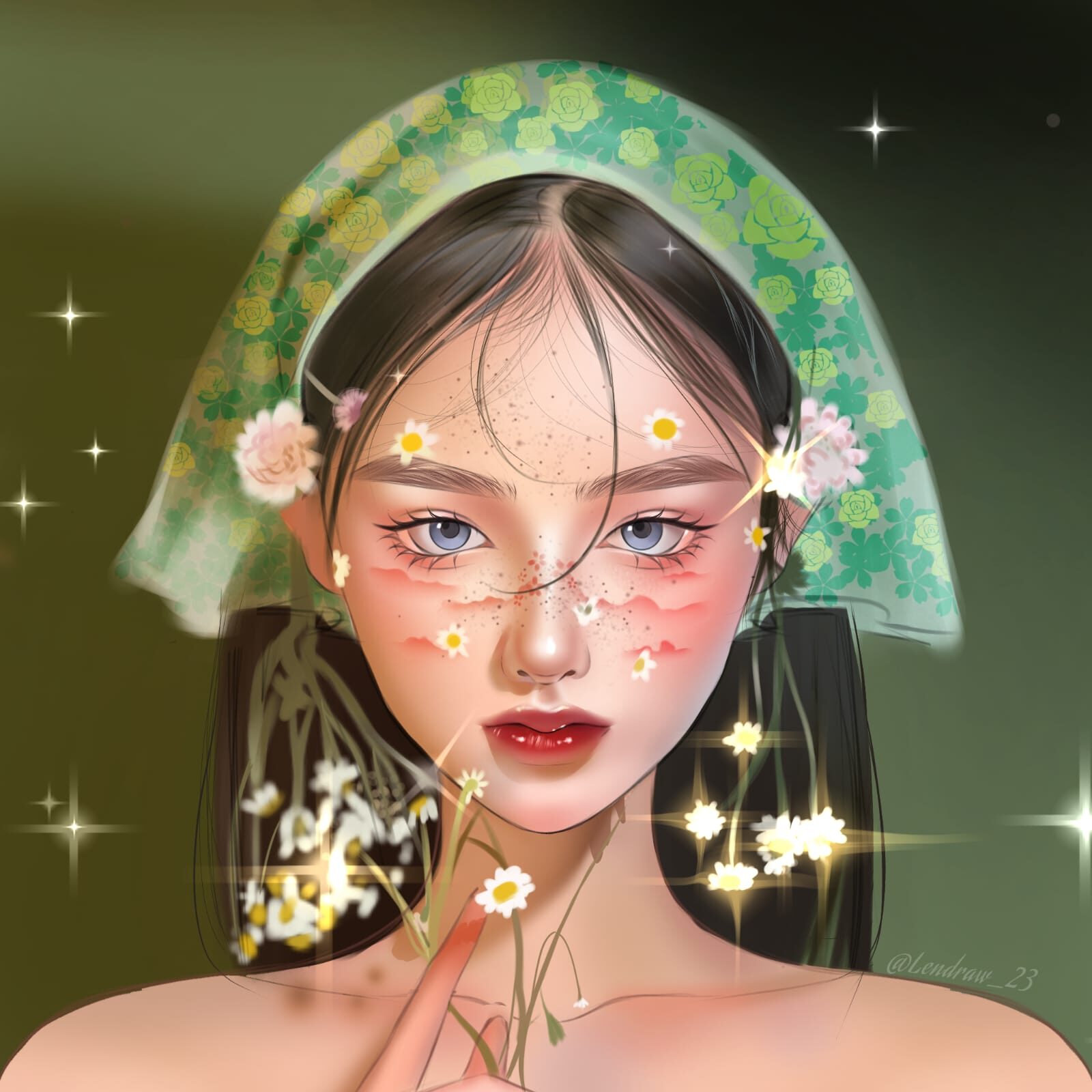 Colorful digital portrait of a girl with a floral headscarf and daisies