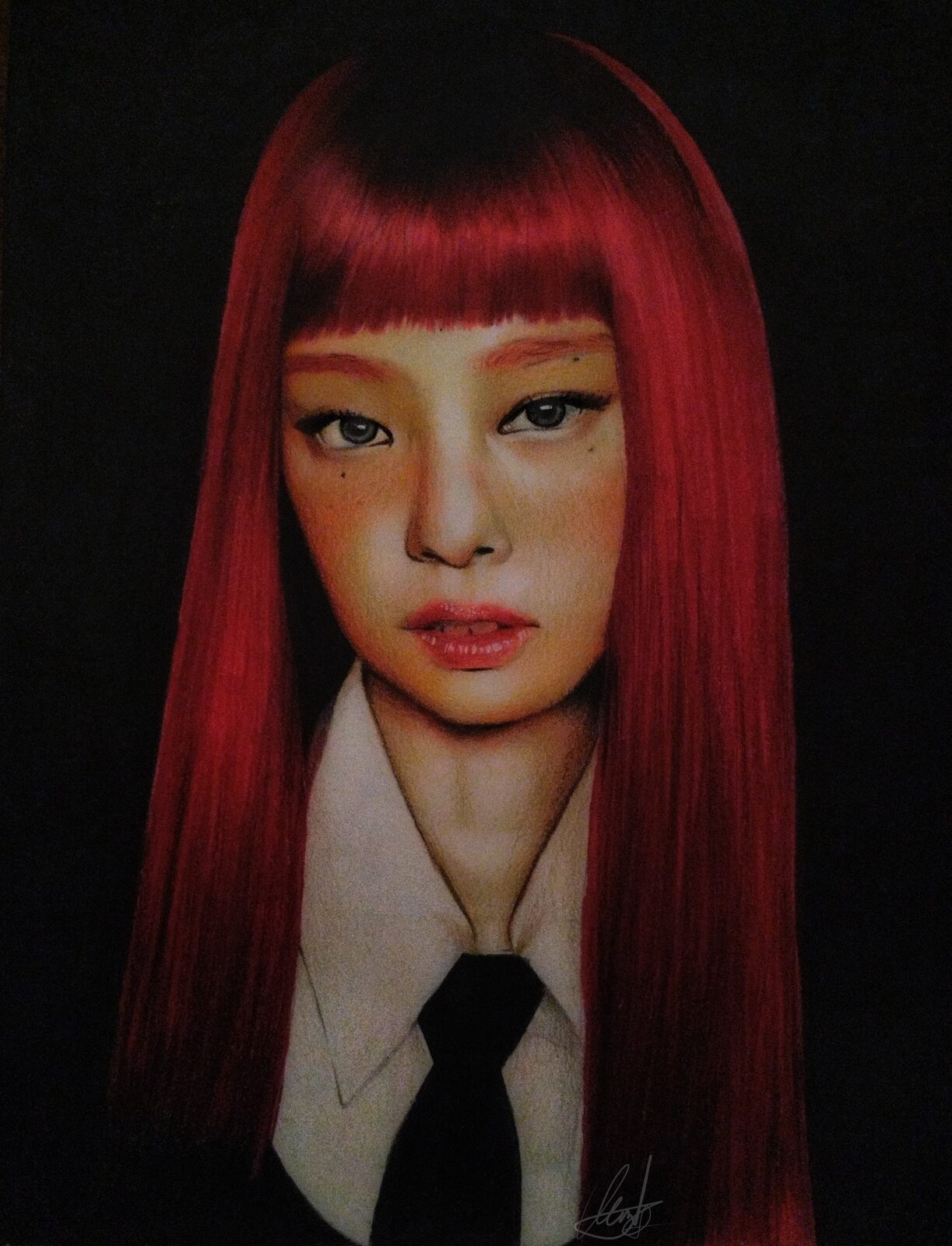 Traditional colored pencil portrait of a girl with vivid red hair