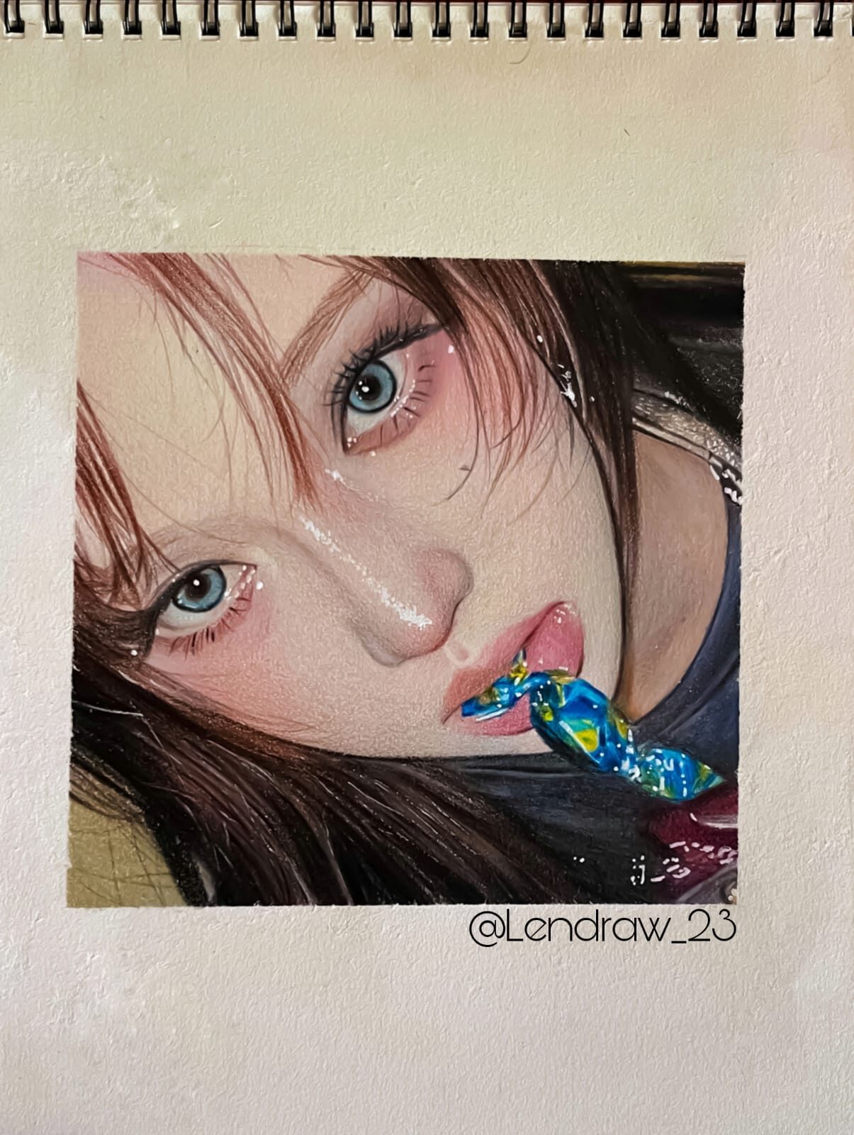 Traditional colored pencil close-up portrait of a girl with a candy in her mouth